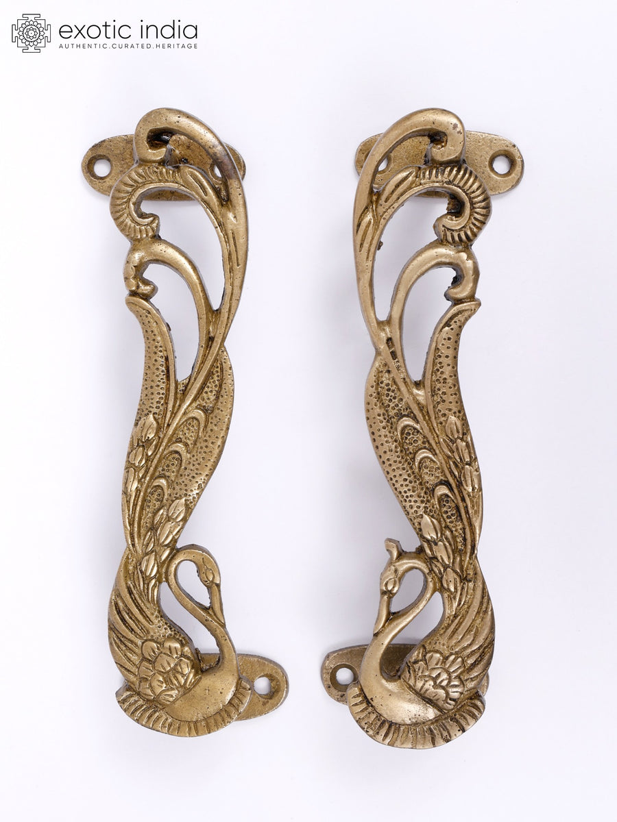 7" Pair of Swans Brass Door Handles for Home Decor