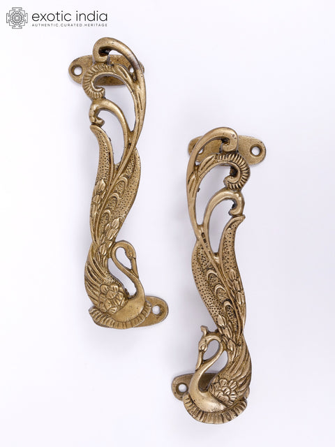 7" Pair of Swans Brass Door Handles
