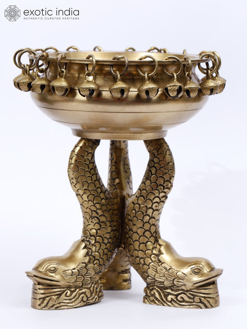8" Brass Fish Design Urli with Ghungroos