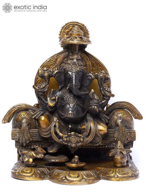 10" Chaturbhuja Lord Ganesha Seated on Throne Brass Statue