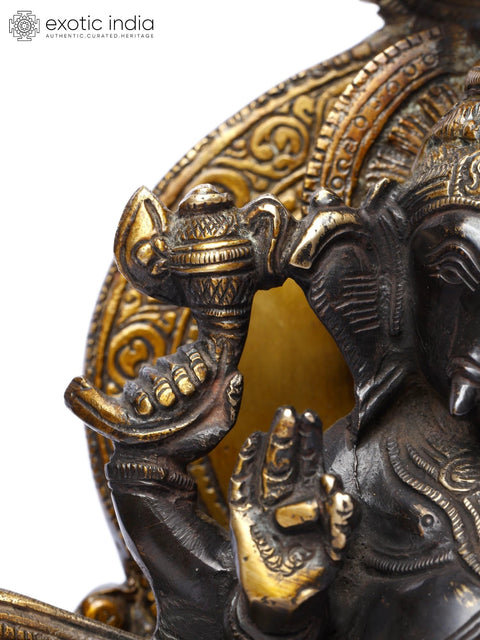 10" Chaturbhuja Lord Ganesha Seated on Throne | Brass Statue
