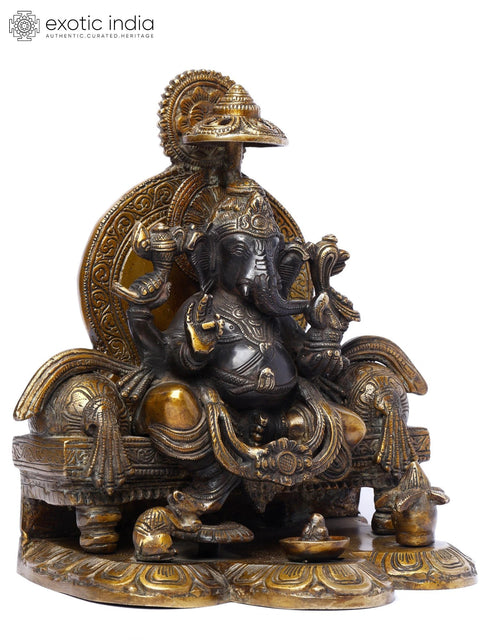 10" Chaturbhuja Lord Ganesha Seated on Throne | Brass Statue
