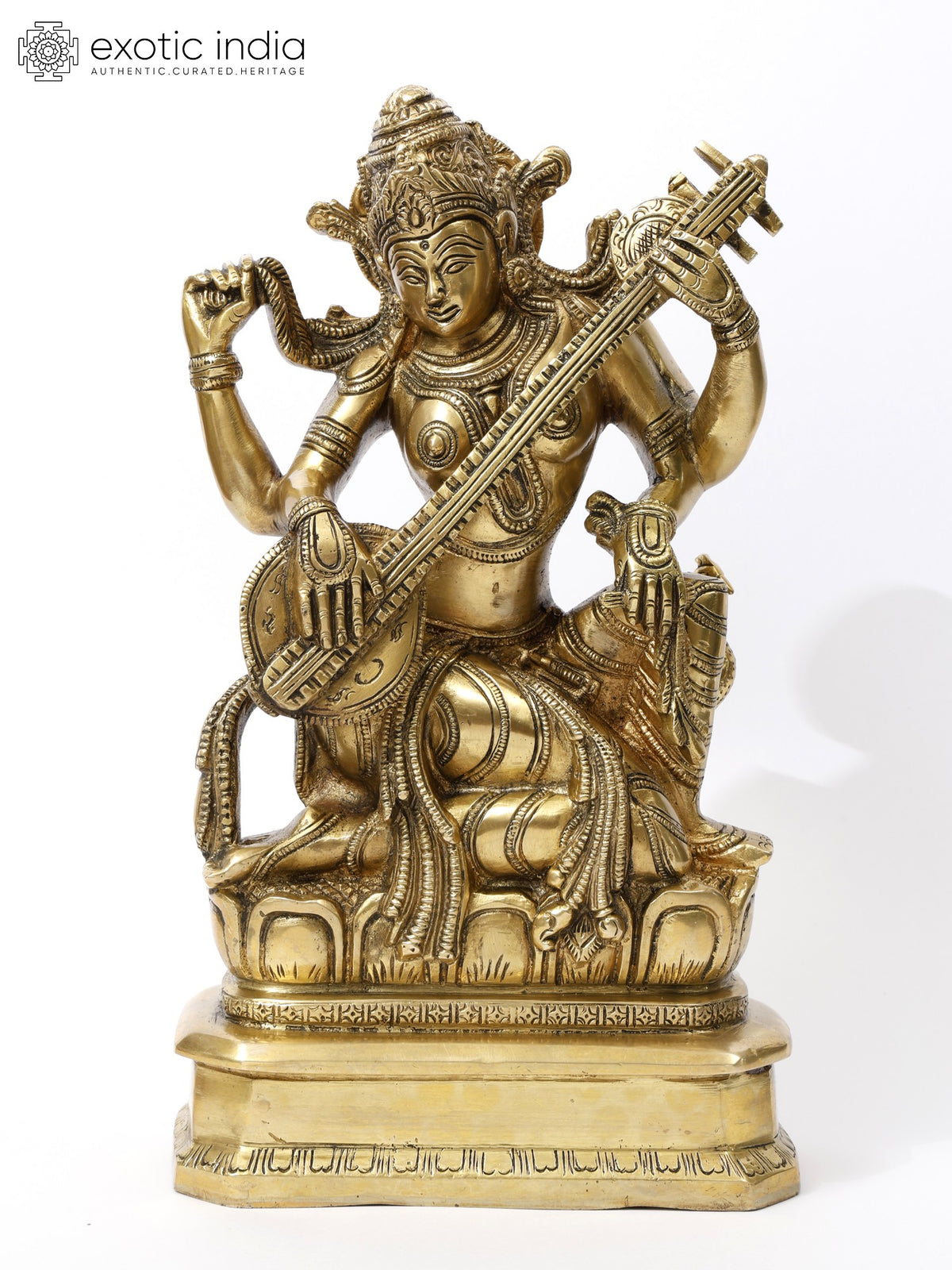 10" Veenavadini Saraswati Playing Veena Handmade Brass Statue
