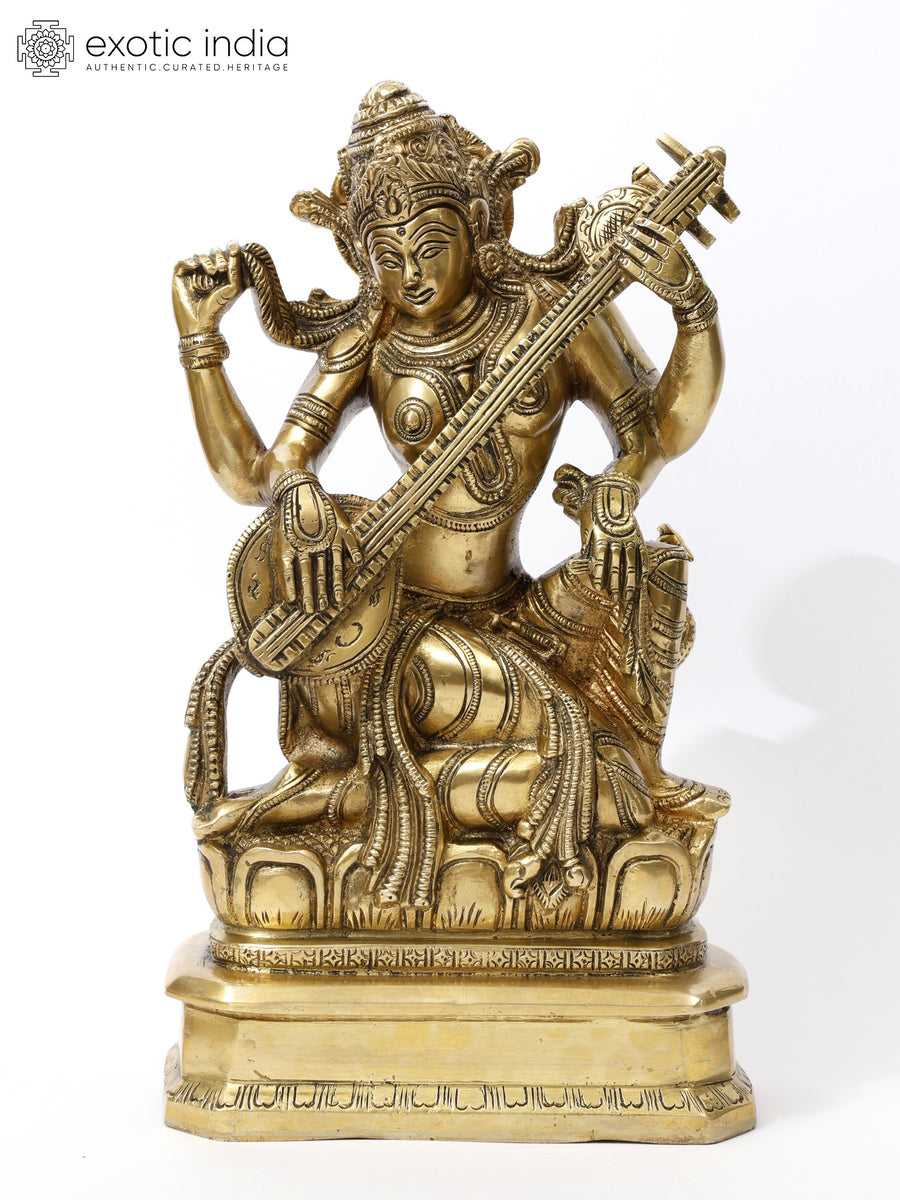 10" Veenavadini Saraswati Playing Veena Handmade Brass Statue