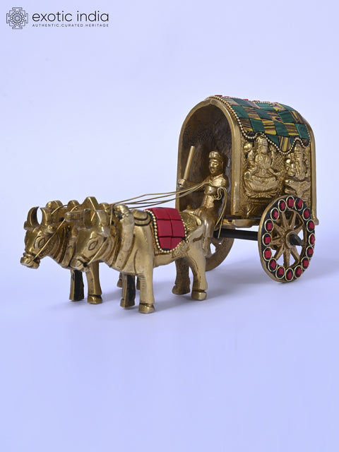 7" Brass Bullock Cart with Ganesha - Lakshmi | Carving Table Decor