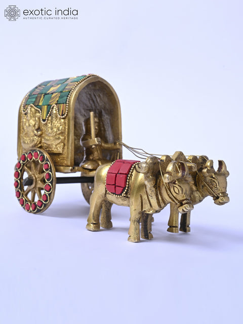 7" Brass Bullock Cart with Ganesha - Lakshmi | Carving Table Decor