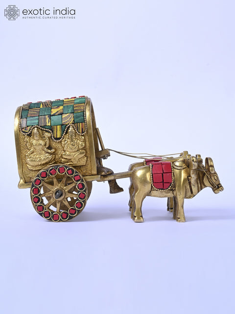 7" Brass Bullock Cart with Ganesha - Lakshmi | Carving Table Decor