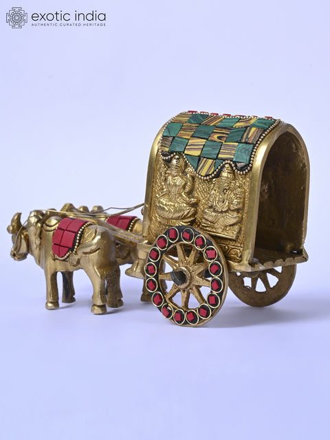 7" Brass Bullock Cart with Ganesha - Lakshmi | Carving Table Decor