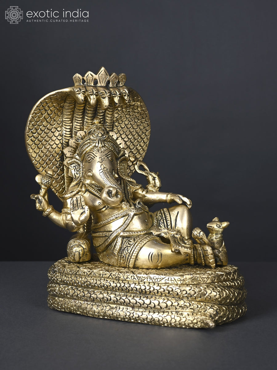 9" Shesha-Shayi Ganesha Brass Statue for Pooja