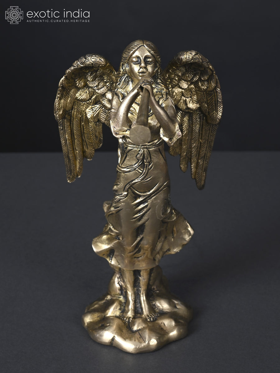 9" Angel Blowing Horn Handmade Brass Statue