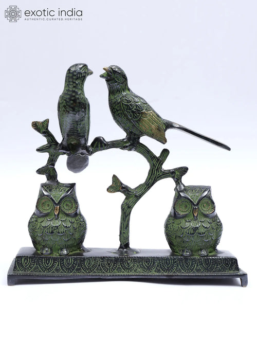 9" Owl and Sparrow Couples Handmade Brass Statue