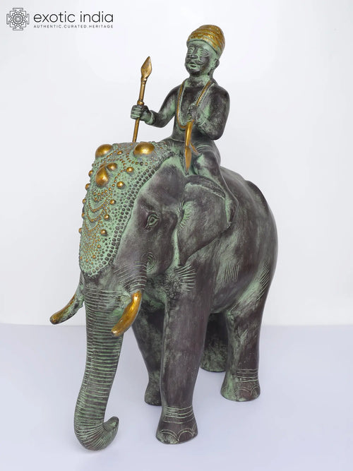 16" Brass Elephant with Mahout Handmade Statue for Home Decor