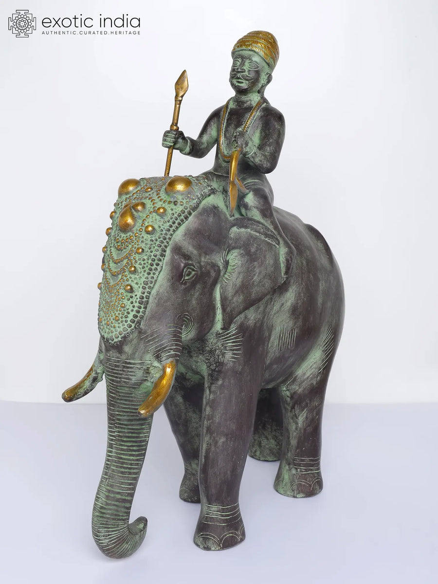 16" Brass Elephant with Mahout Handmade Statue for Home Decor