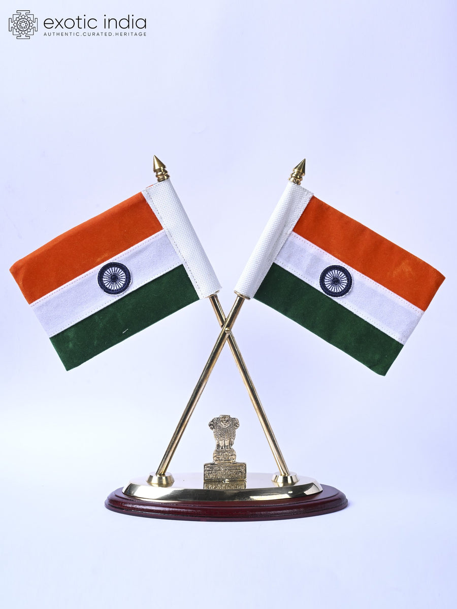 14" Brass National Emblem with Indian Flags Table Sculpture