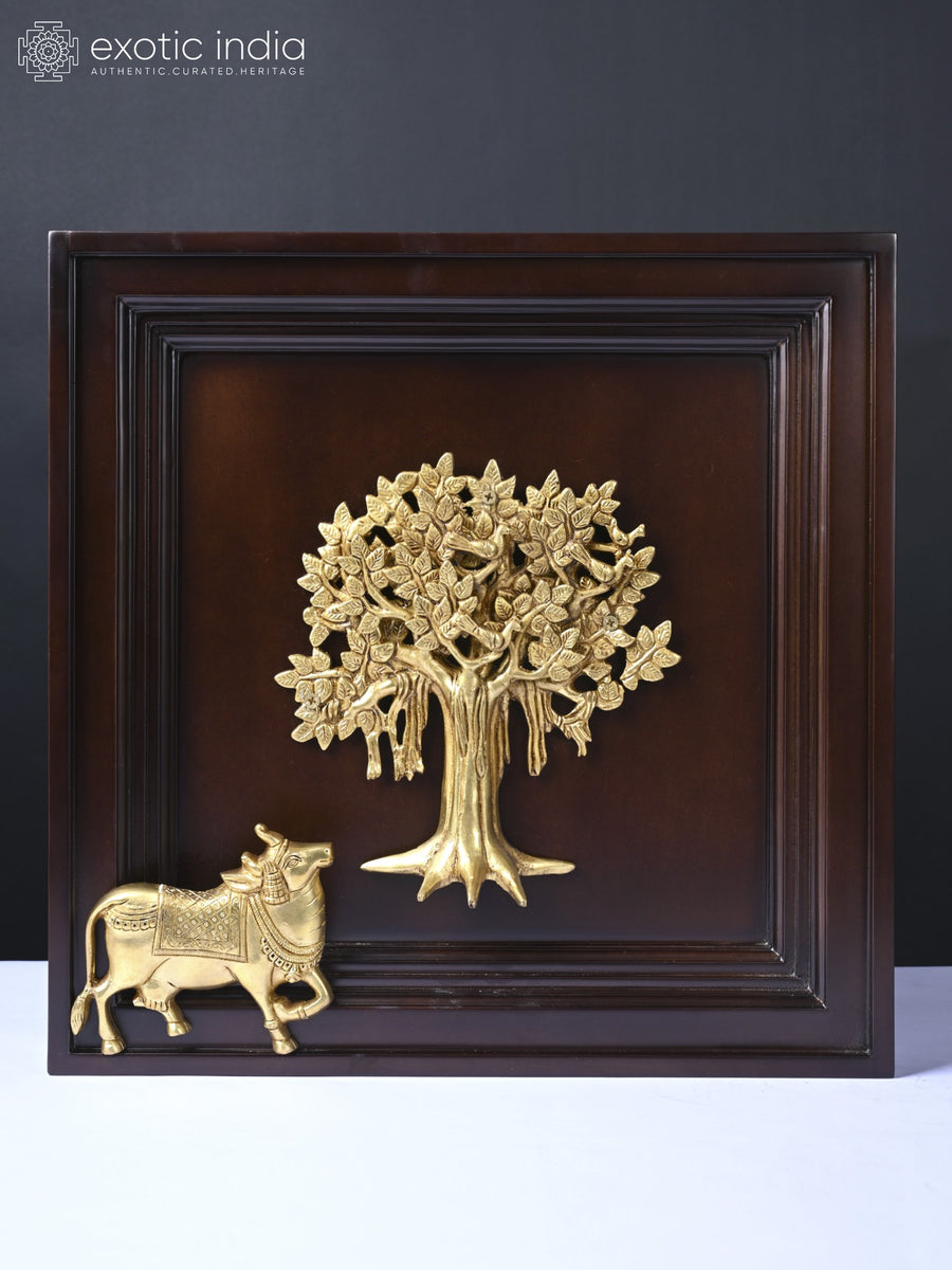 16" Kamadhenu Cow Under Kalpavriksh Tree Brass Wall Hanging
