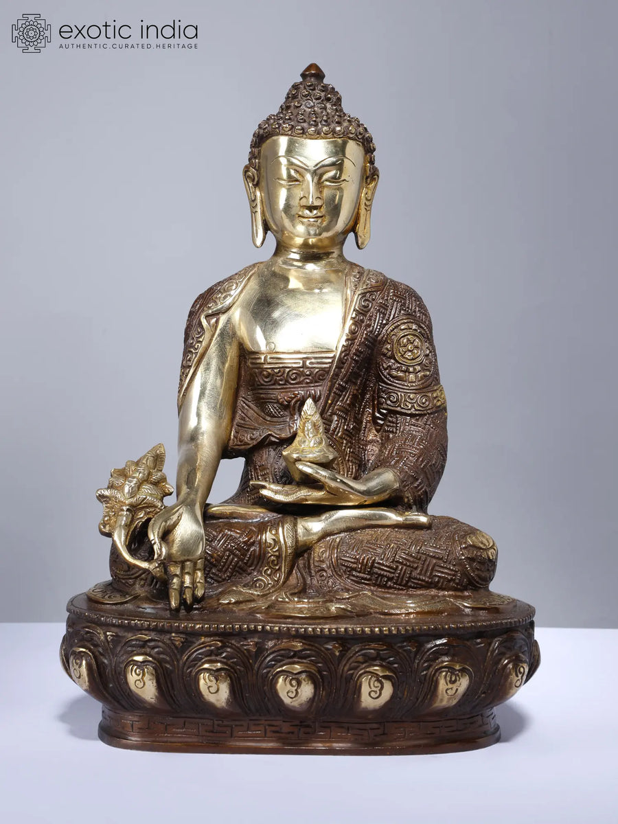 12" Medicine Buddha Brass Statue with Ashtamangala Symbols