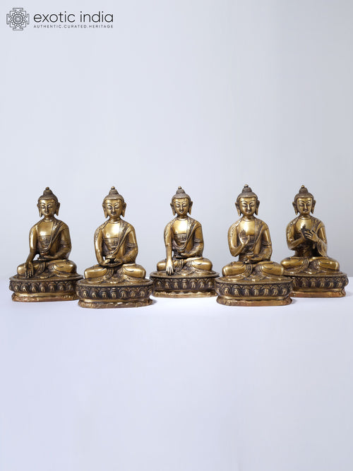 8" Set of Five Buddha in Different Mudras Brass Statues