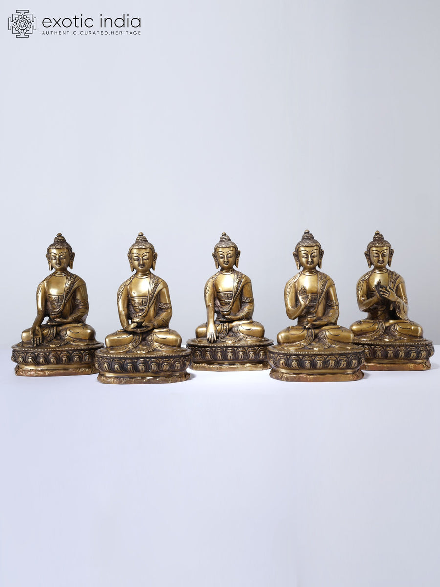 8" Set of Five Buddha in Different Mudras Brass Statues
