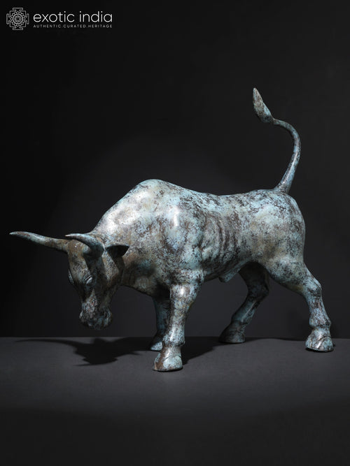 19" Angry Bull Balinese Brass Statue for Home Decor
