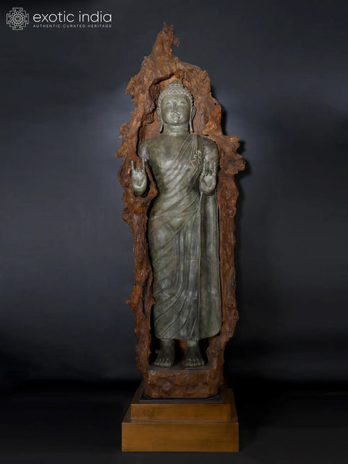 92" Standing Lord Buddha Karana Mudra Brass Sculpture in Natural Wood