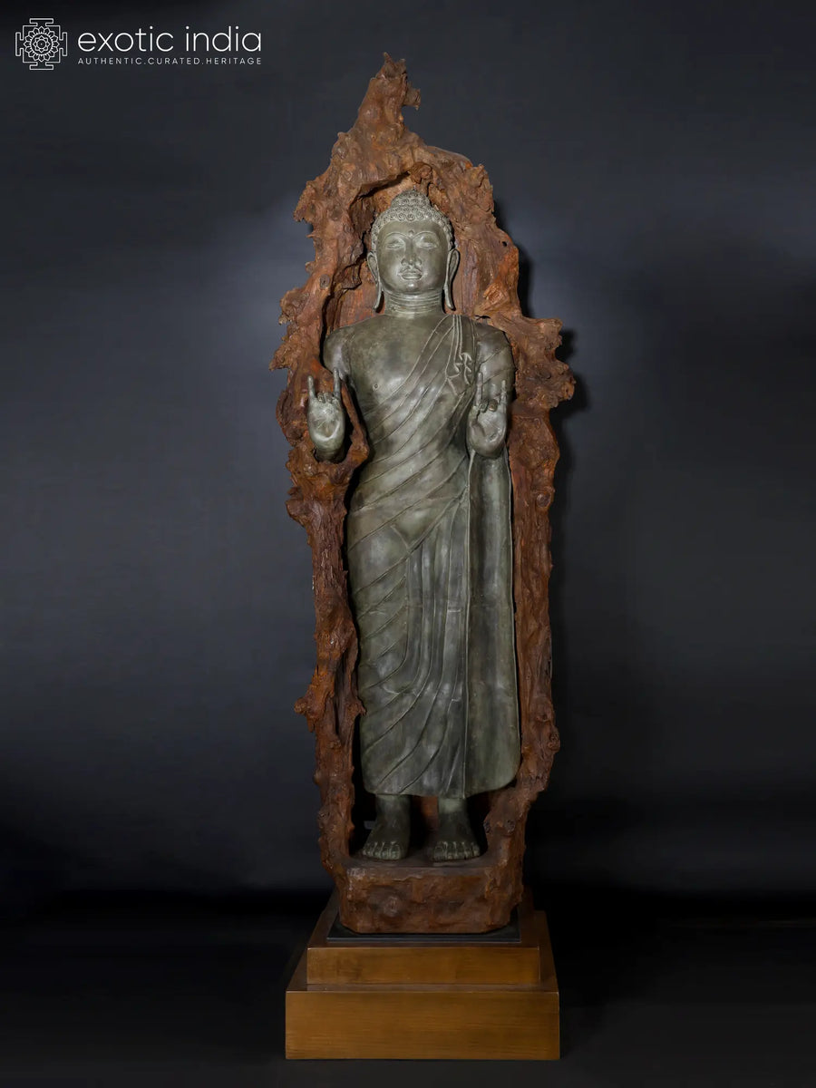 92" Standing Lord Buddha Karana Mudra Brass Sculpture in Natural Wood