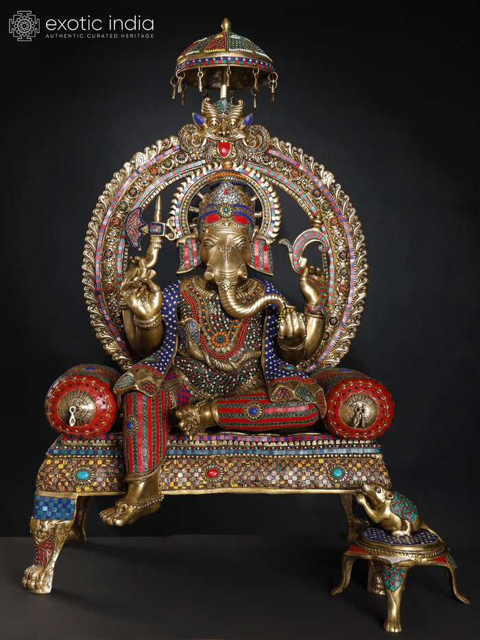 46" Raja Ganesha Brass Statue with Throne and Inlay Work