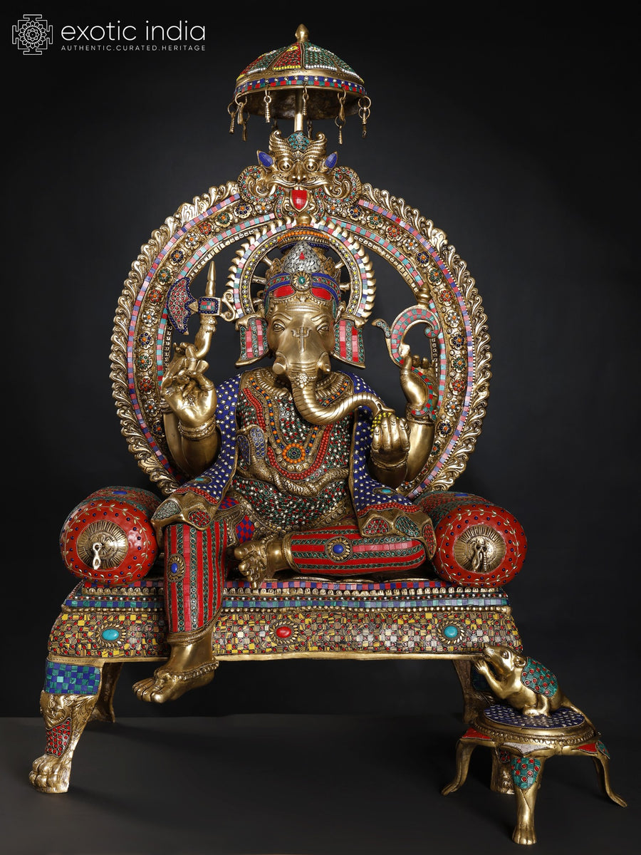 46" Raja Ganesha Brass Statue with Throne and Inlay Work