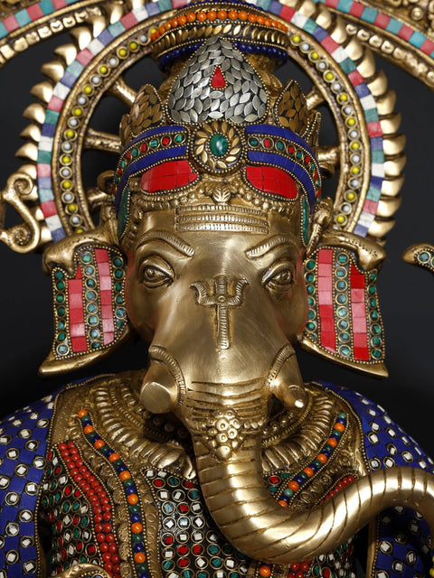 46" Raja Ganesha: Ganapati on Throne Brass Inlay Work Statue