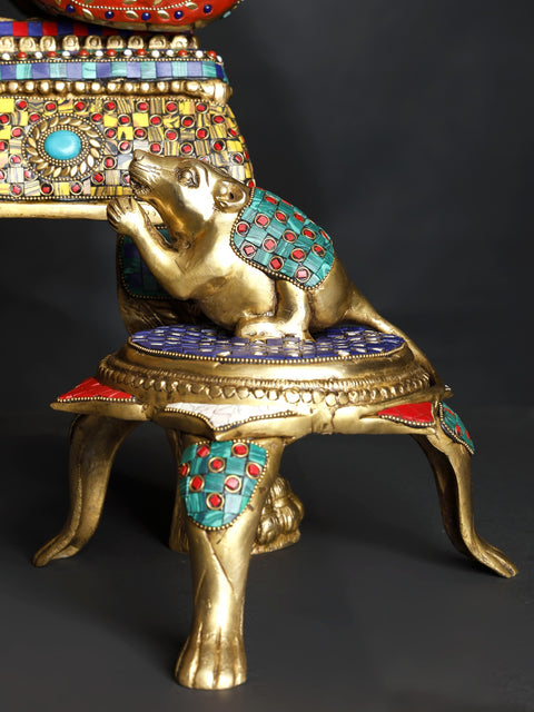 46" Raja Ganesha: Ganapati on Throne Brass Inlay Work Statue