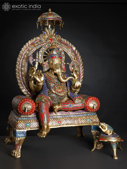 46" Raja Ganesha: Ganapati on Throne Brass Inlay Work Statue