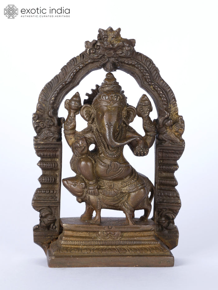 5" Chaturbhuja Ganesha Seated on Mouse Brass Statue with Kirtimukha Arch