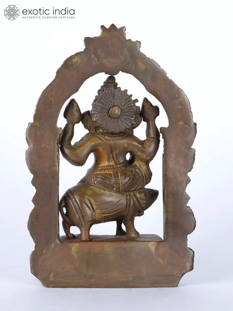 5" Small Chaturbhuja Lord Ganesha Seated on Mushak with Kirtimukha Arch | Brass Statue