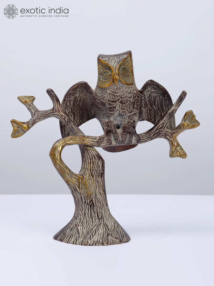 7" Owl Seated on Tree Branch Brass Statue