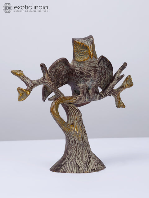 7" Owl Seated on Tree Branch | Decorative Brass Statue