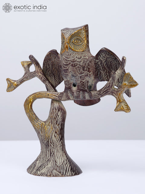 7" Owl Seated on Tree Branch | Decorative Brass Statue