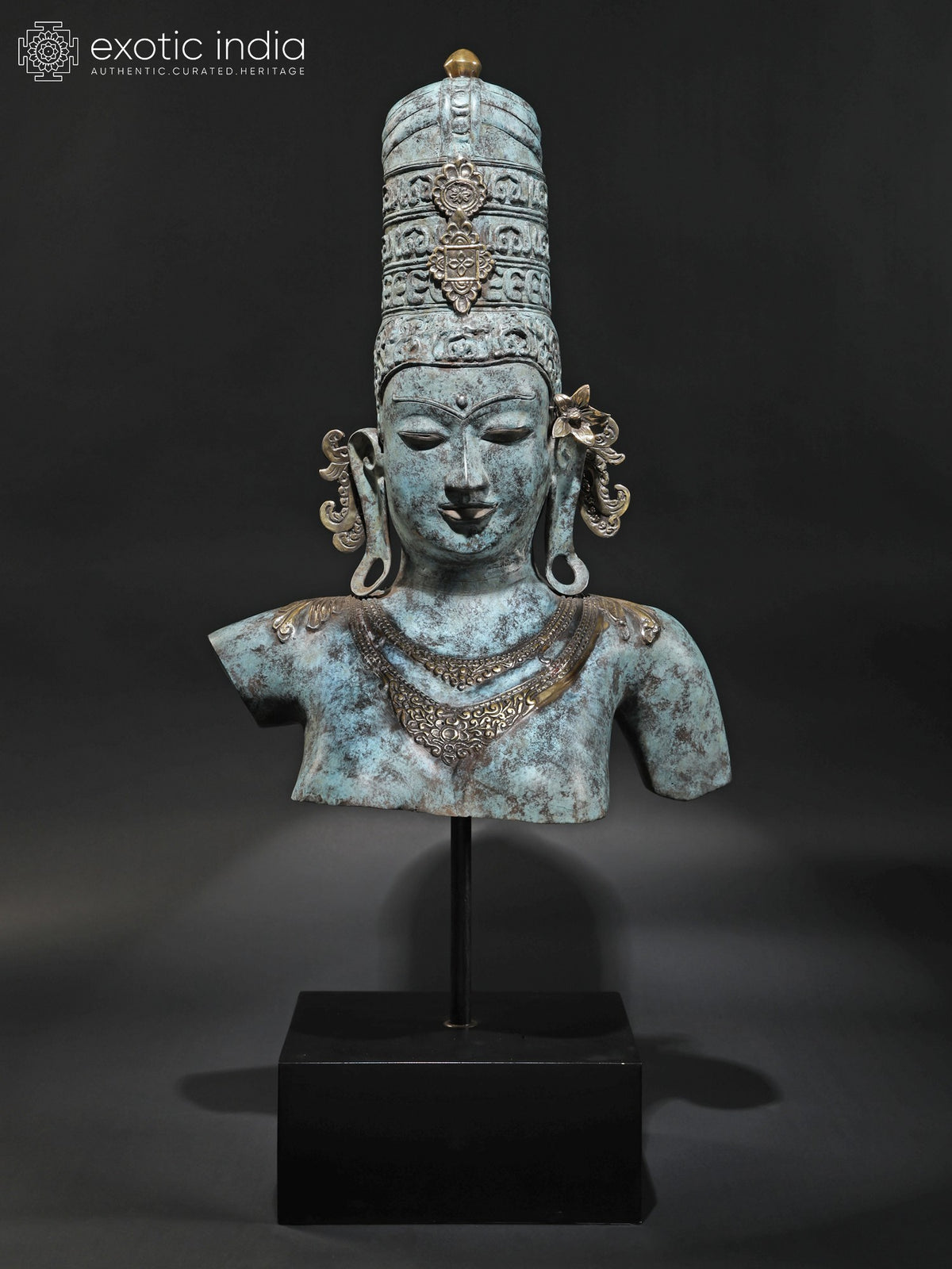 46" Large Goddess Parvati Bust on Wood Base | Balinese Brass Statue