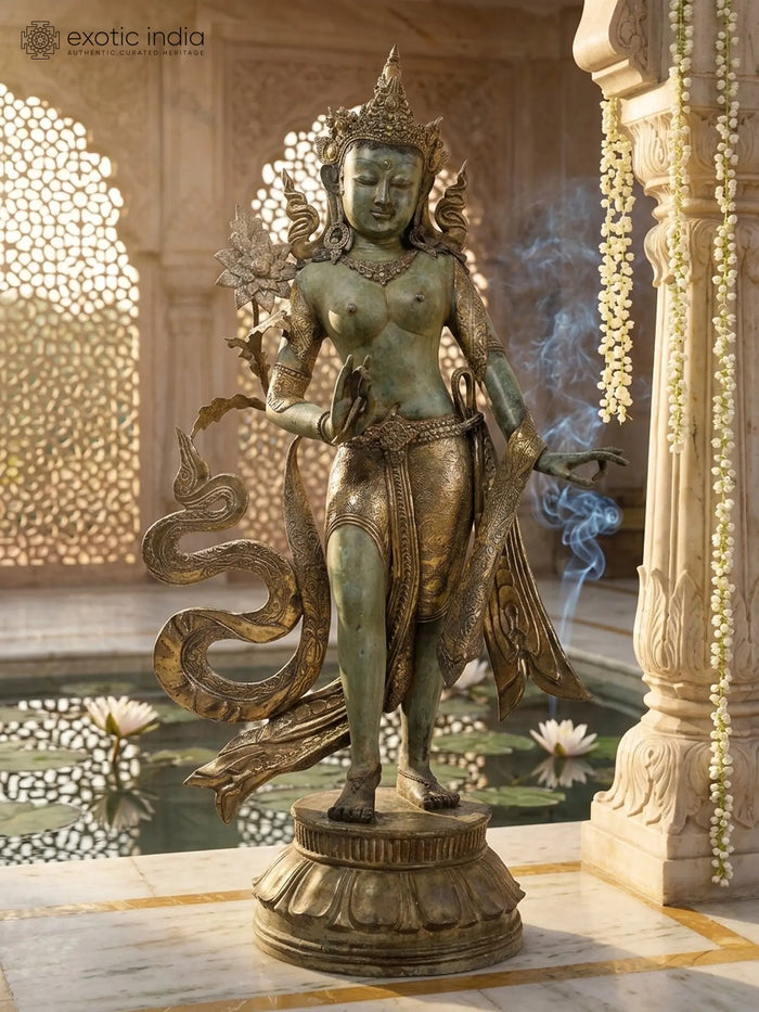 56" Large Standing Goddess Green Tara | Balinese Brass Statue