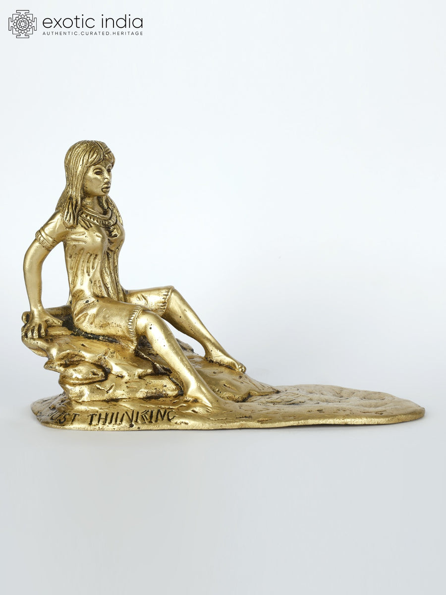 9" Lady Seated on Cliff Brass Statue for Home Decor