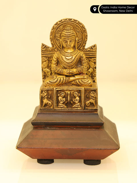 4" Small Brass Lord Buddha Seated in Dhyan Mudra on Wood Base