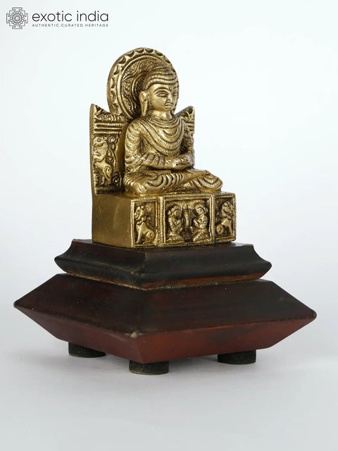 4" Small Brass Lord Buddha Seated in Dhyan Mudra on Wood Base