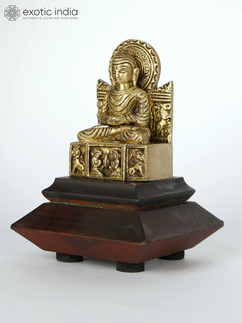 4" Small Brass Lord Buddha Seated in Dhyan Mudra on Wood Base