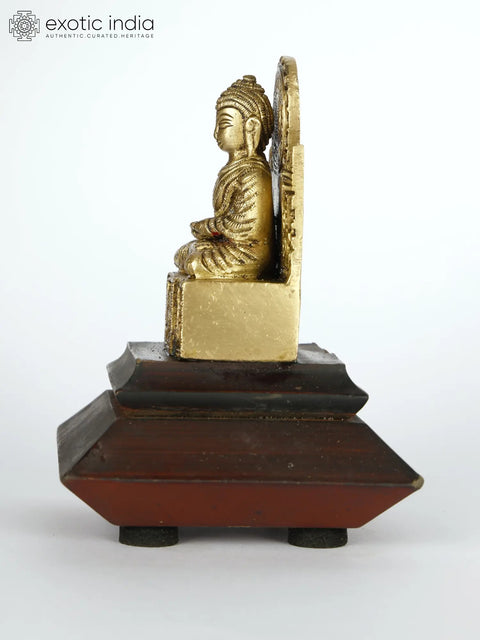 4" Small Brass Lord Buddha Seated in Dhyan Mudra on Wood Base