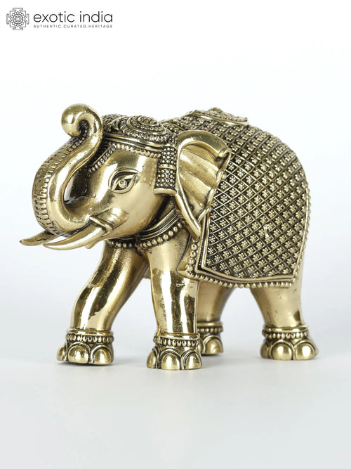 Small Brass Elephant Statue with Upraised Trunk for Home Decor