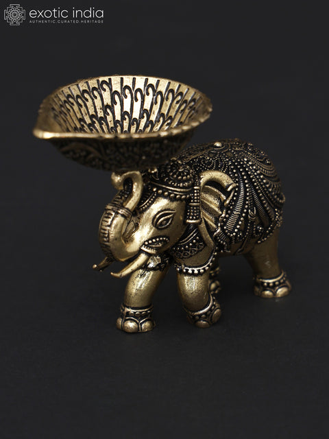 3" Small Superfine Brass Elephant with Diya