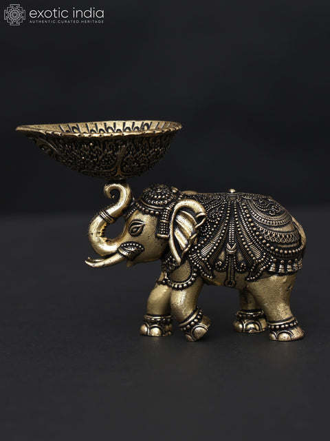3" Small Superfine Brass Elephant with Diya