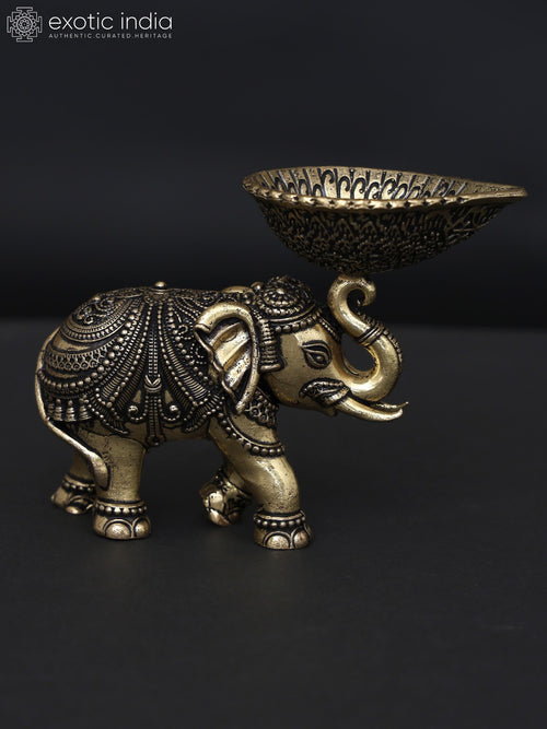 3" Small Handmade Brass Elephant Diya Statue