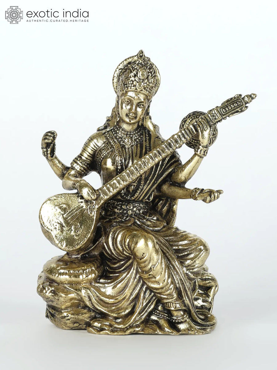 Small Devi Saraswati Playing Veena Handcrafted Brass Idol