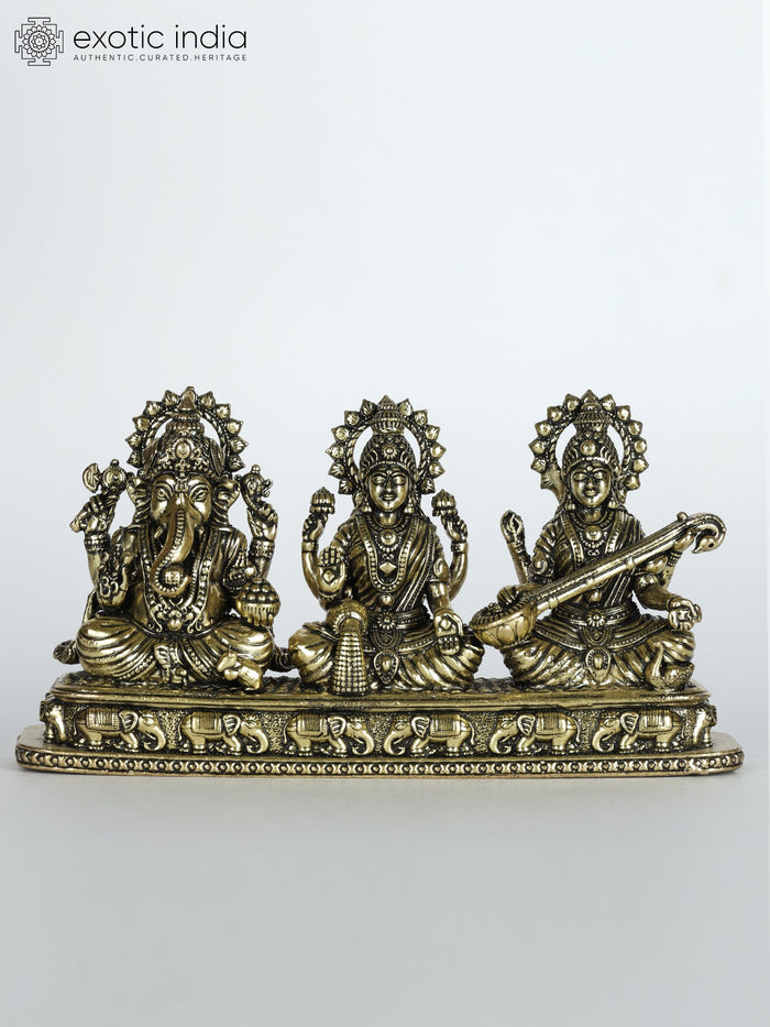5" Handmade Ganesha Lakshmi Saraswati Brass Statue for Pooja