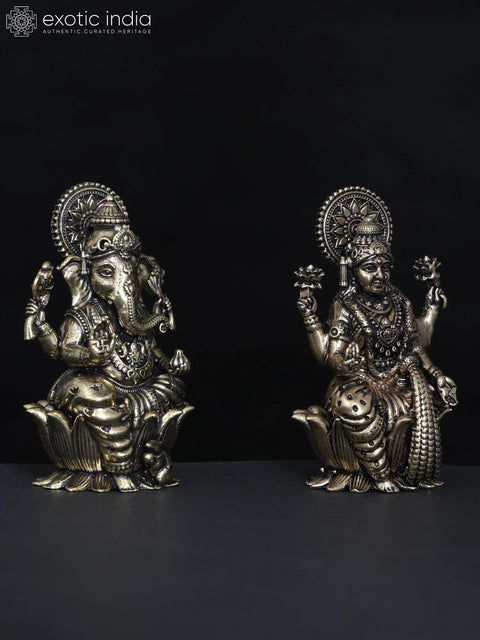 2" Small Superfine Pair of Ganesha Lakshmi Brass Statues