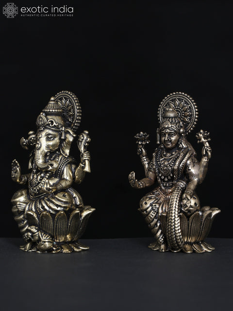 2" Small Superfine Pair of Ganesha Lakshmi Brass Statues